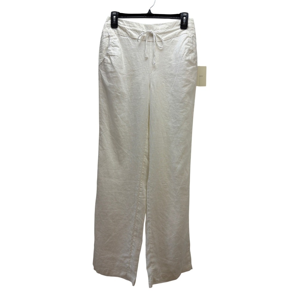 Cynthia Rowley White 100% Linen Wide Straight Leg Pants S Drawstring Pockets